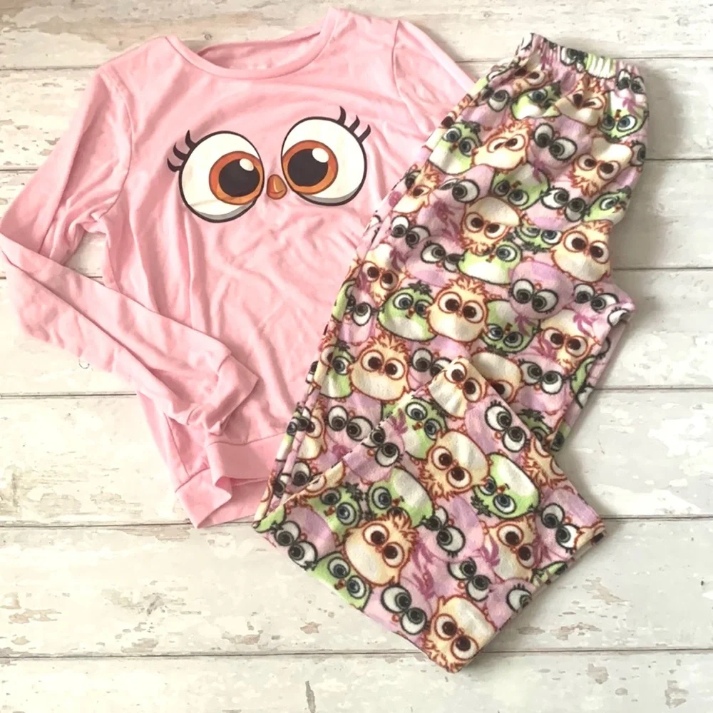 Girls 10/12 Fleece Pink Pajamas Set Angry Birds Size 10 12 Pjs Owl Eyes Print